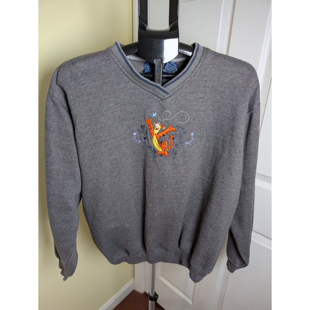 Vintage 90s Disney Pooh Tigger Embroidered V-Neck Sweatshirt Gray XL Heavyweight
